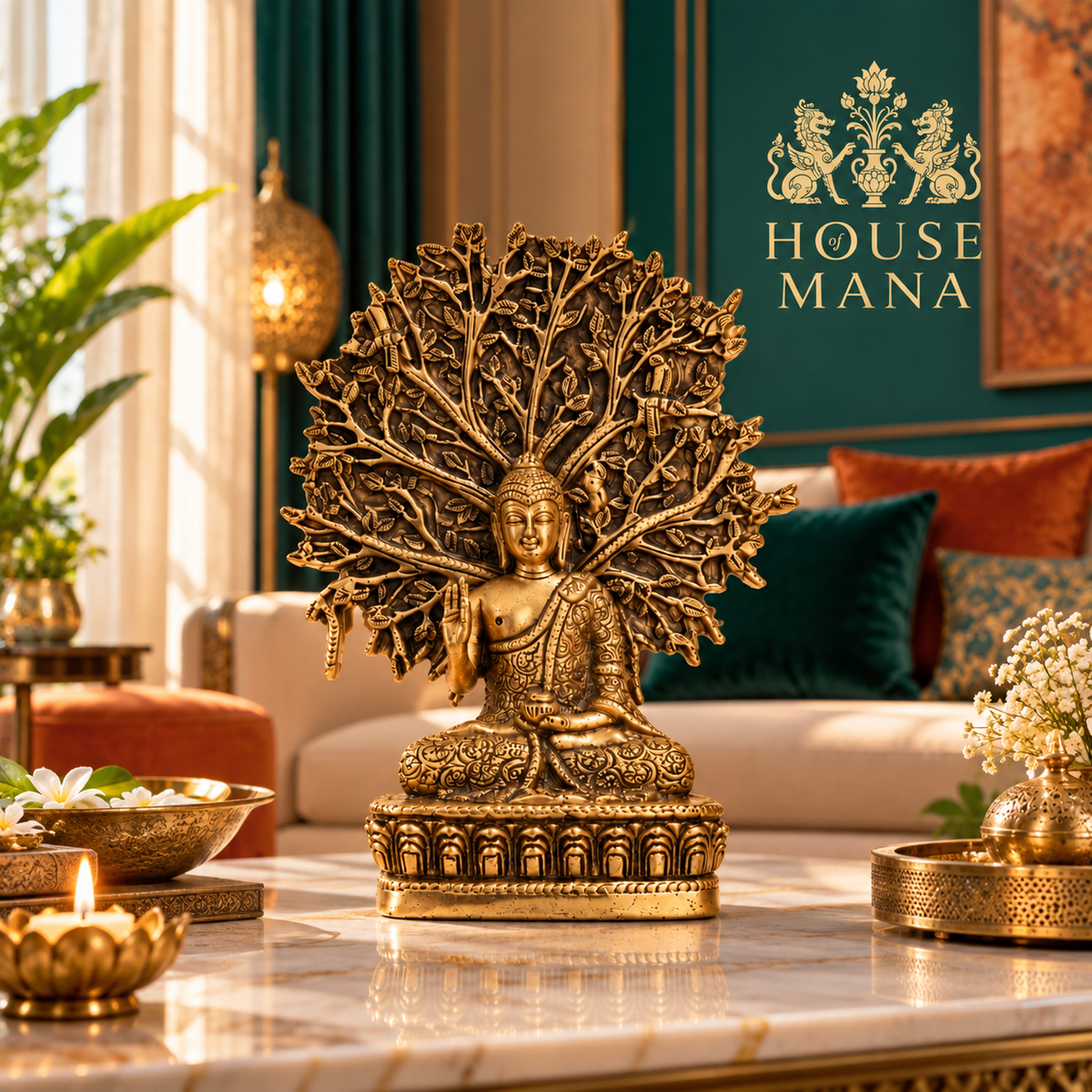 BRASS BUDDHA STATUE UNDER THE BODHI TREE