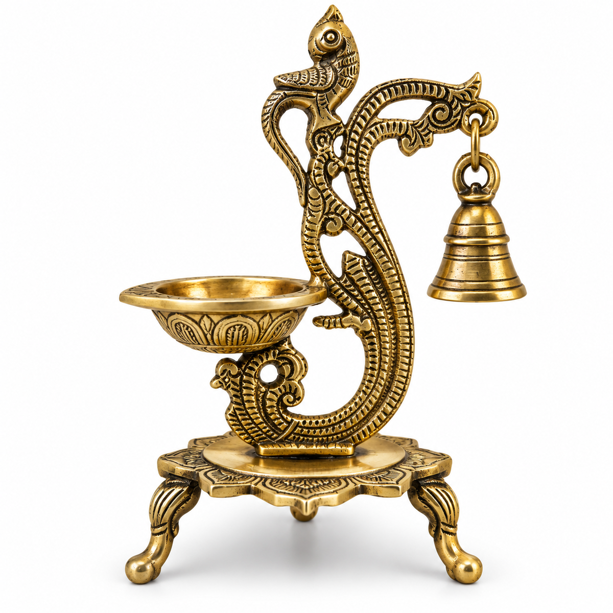 TRADITIONAL BRASS ANNAKPAKSHI/PEACOCK DIYA WITH HANGING BELL