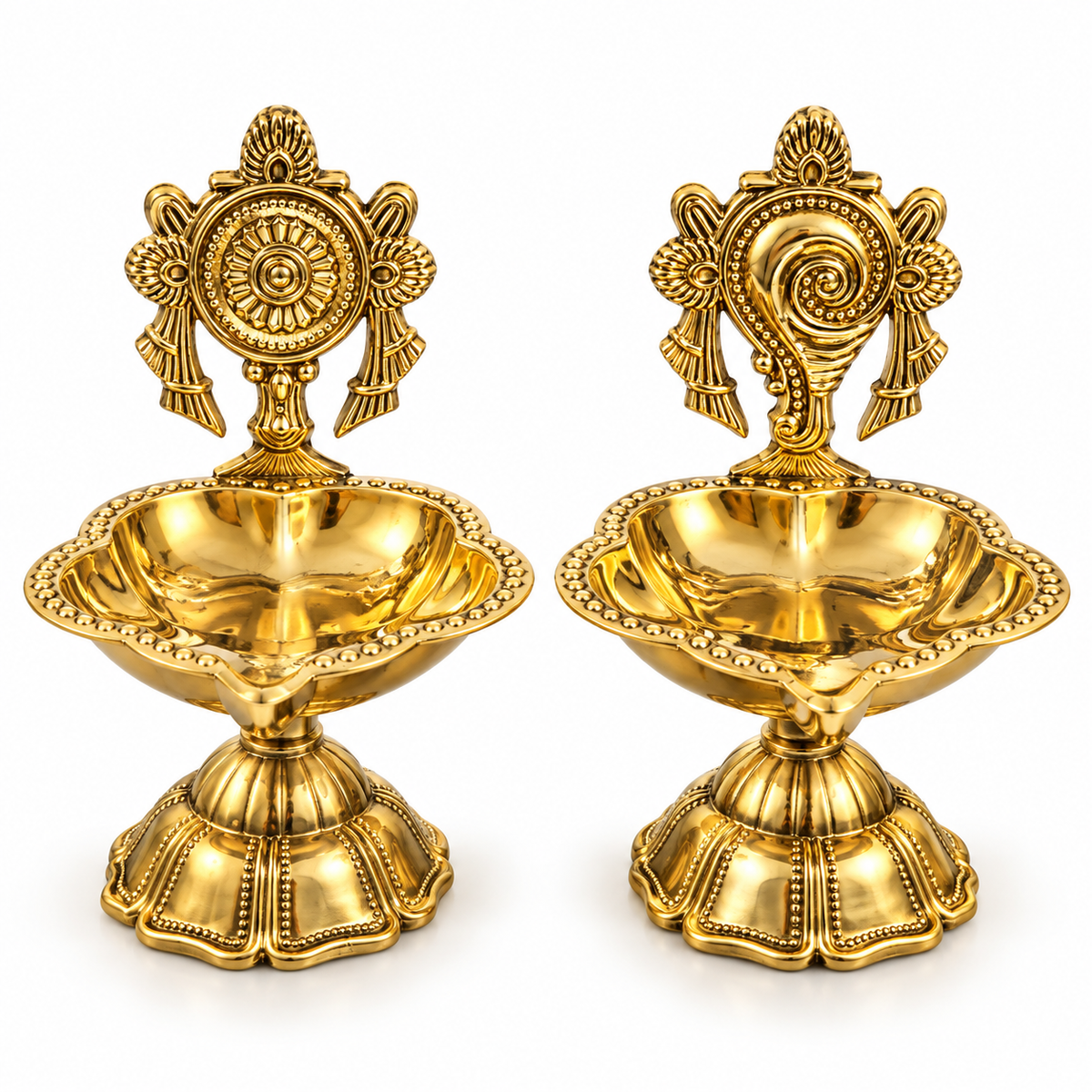BRASS SHANKH-CHAKRA DIYA SET OF 2 - TRADITIONAL POOJA DECOR