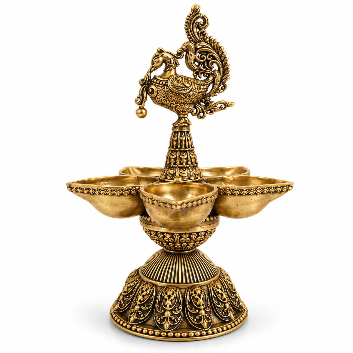 ANTIQUE BRASS ANNAPAKSHI/PEACOCK DIYA - TRADITIONAL FIVE-WICK OIL LAMP