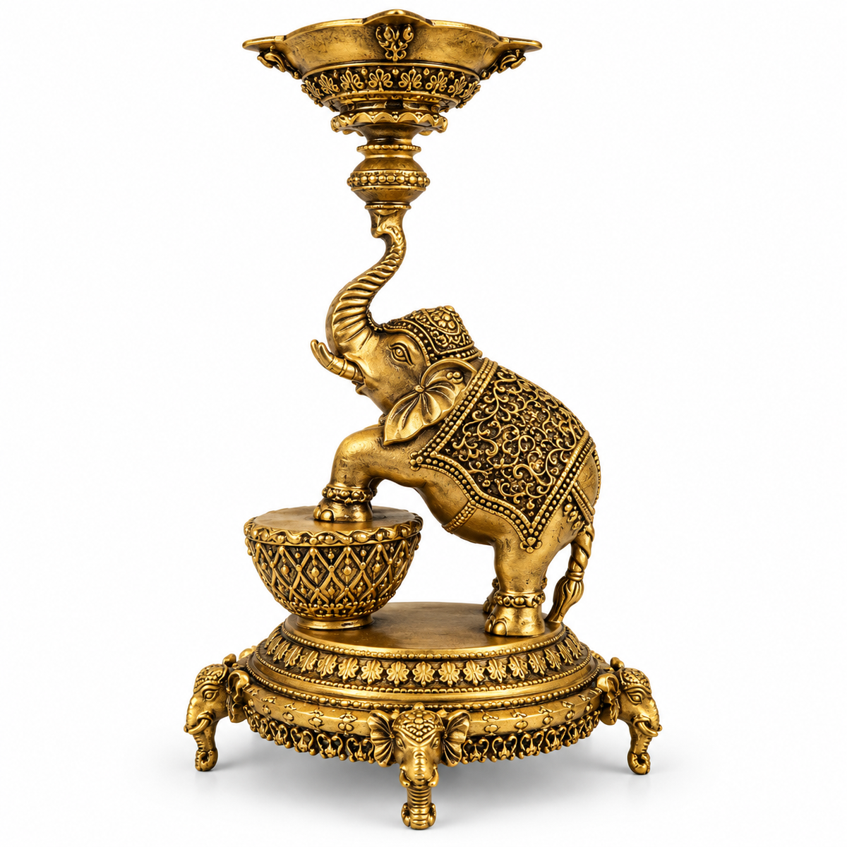 ANTIQUE BRASS ELEPHANT DIYA STAND - TRADITIONAL DECORATIVE OIL LAMP