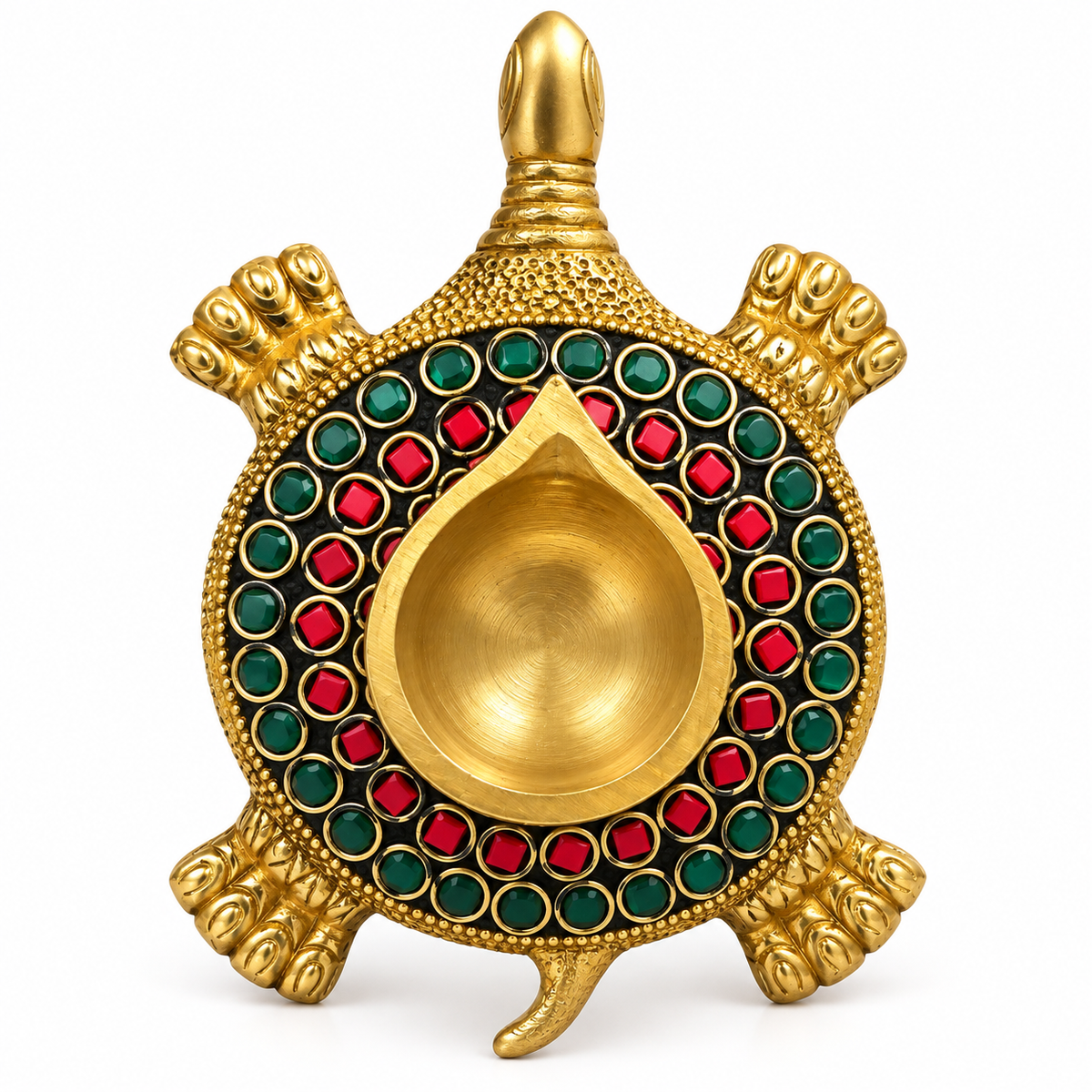 BRASS TURTLE DIYA WITH RED & GREEN STONE DETAILING