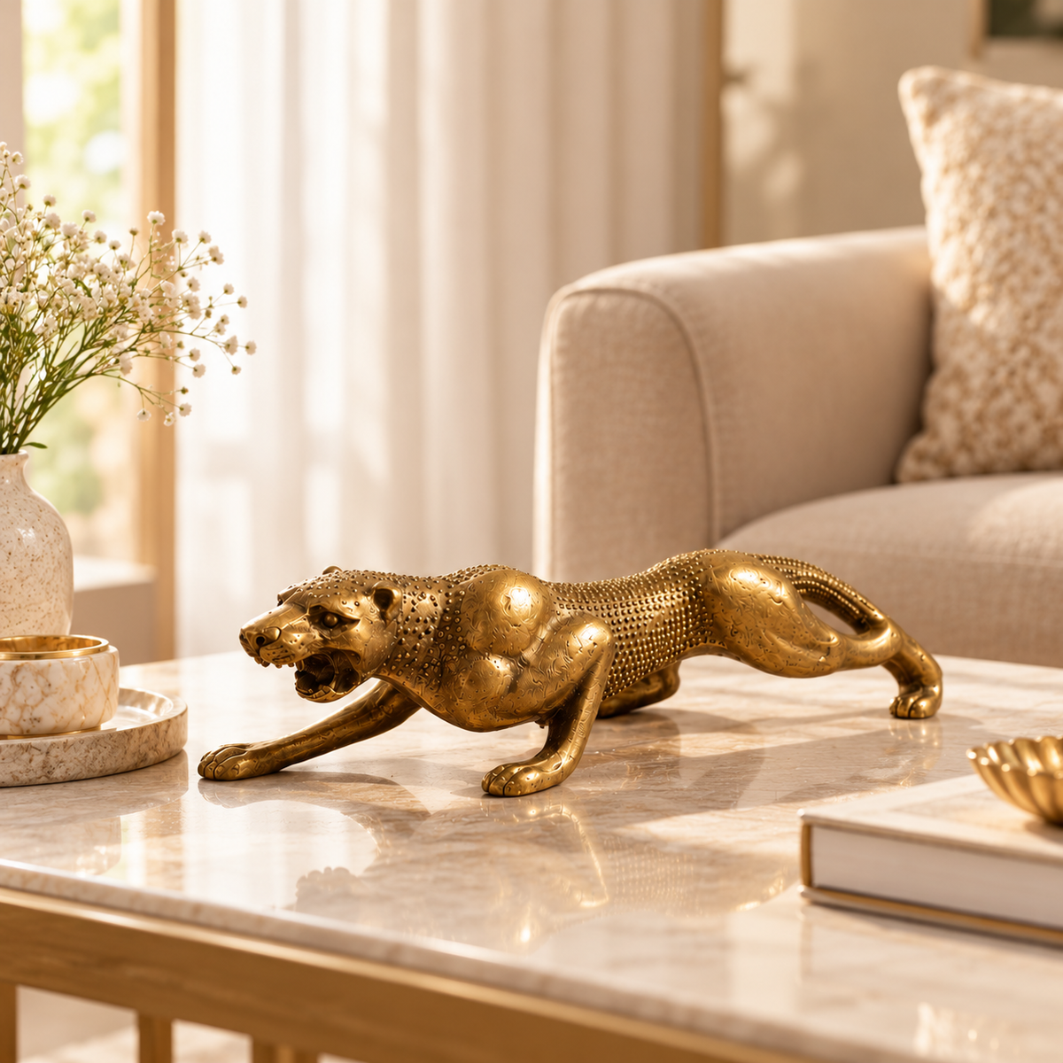 GOLDEN BRASS CHEETAH SHOWPIECE