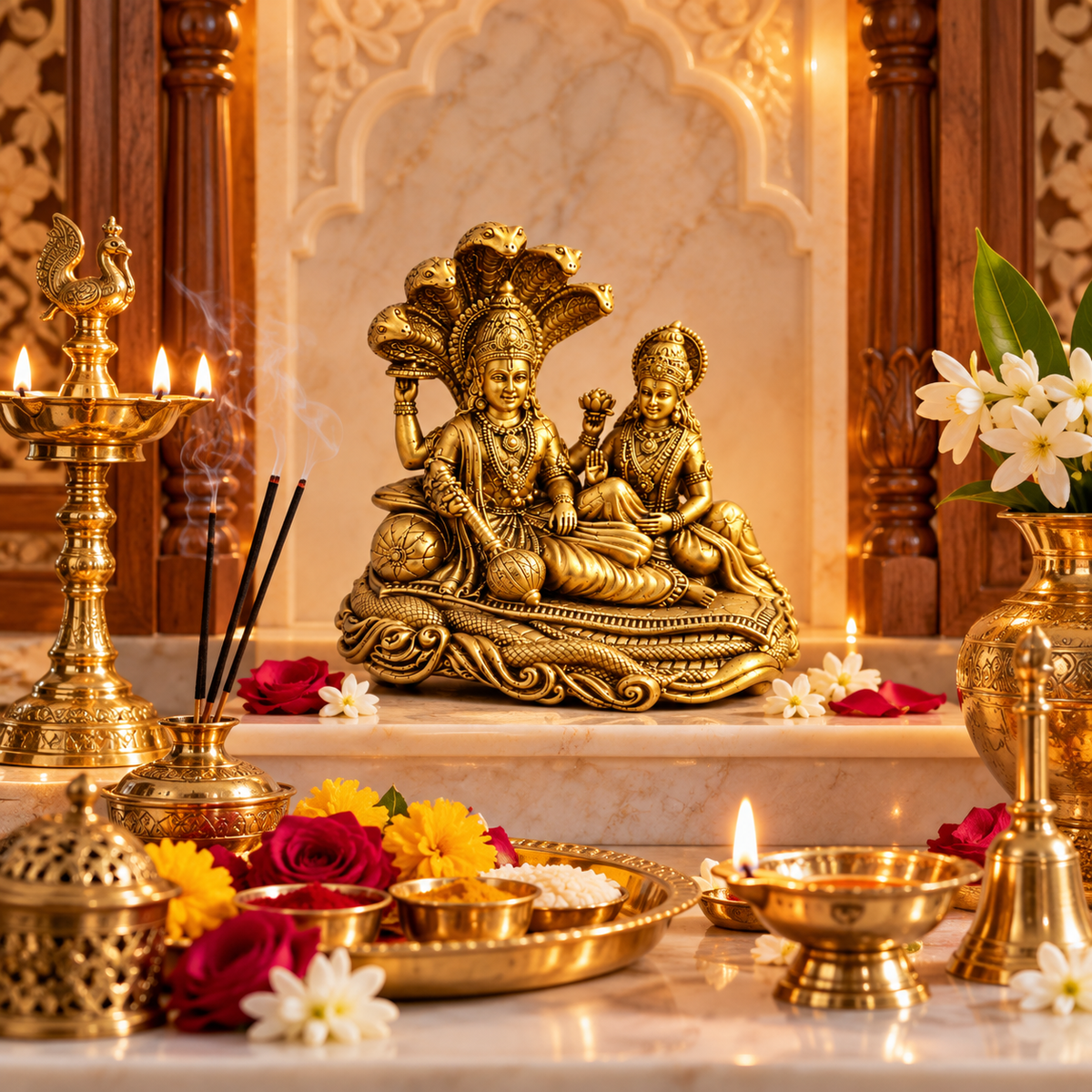 BRASS LORD VISHU AND GODDESS LAKSHMI IDOL - SHESHNAG DESIGN