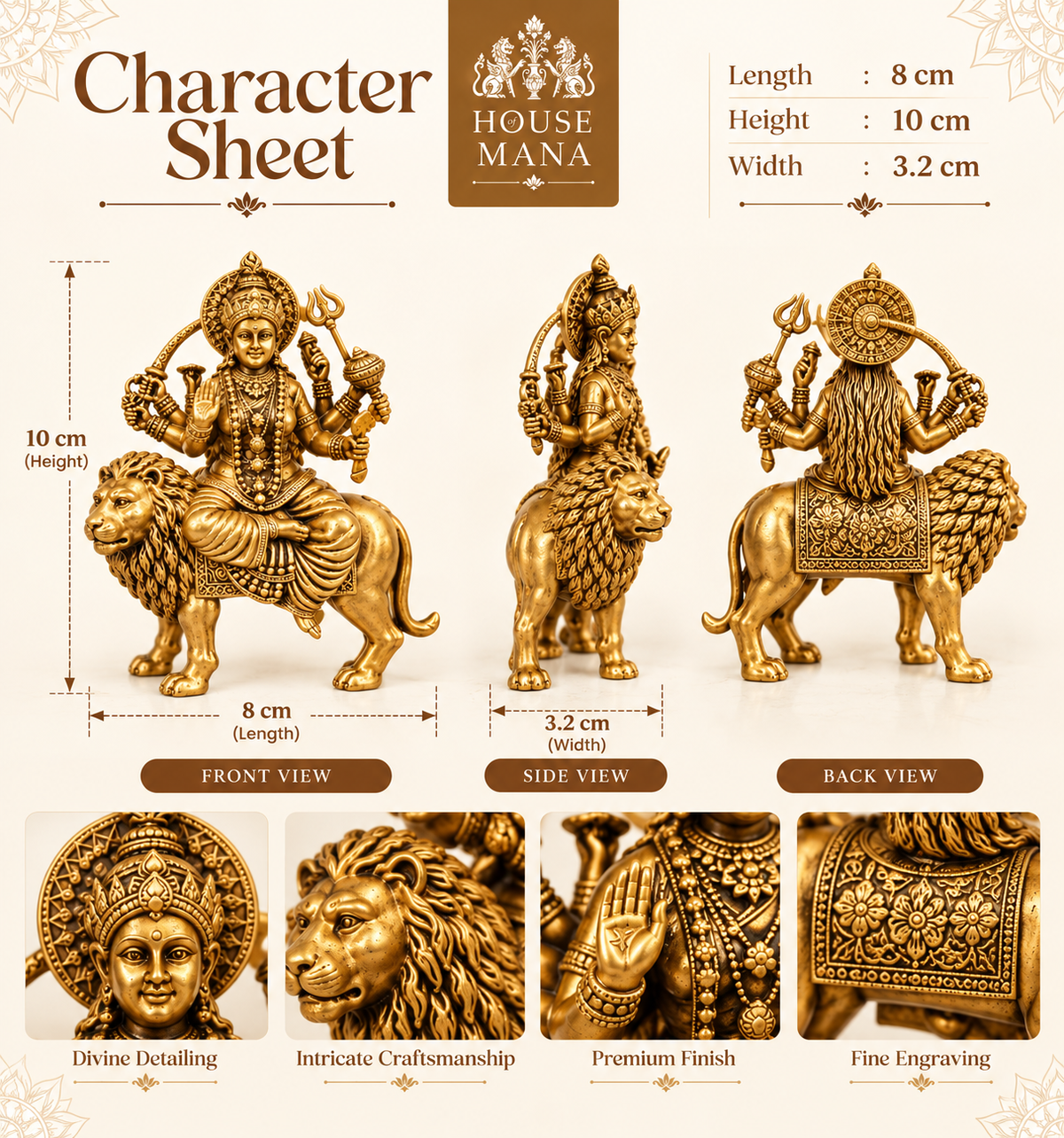 BRASS MAA DURGA IDOL - 4 INCHES