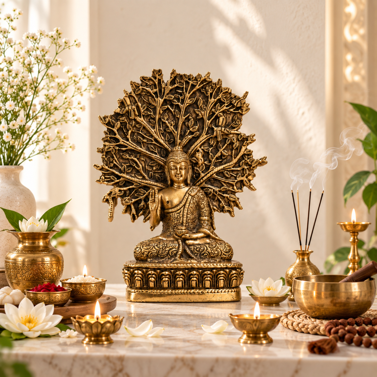 BRASS BUDDHA STATUE UNDER THE BODHI TREE