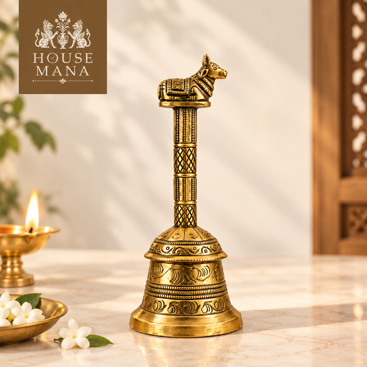ANTIQUE BRASS NANDI BELL - TRADITIONAL DECORATIVE TEMPLE BELL