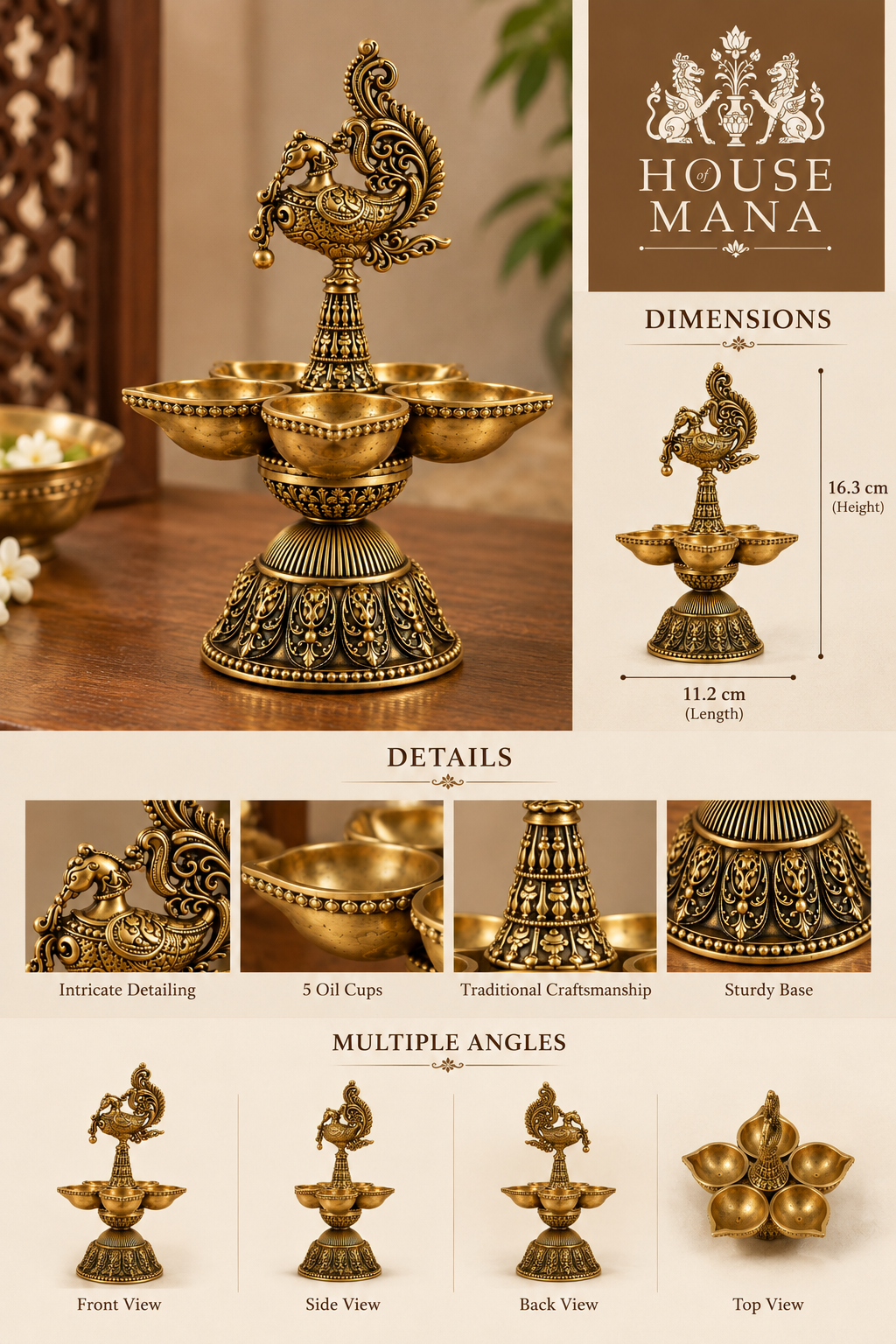 ANTIQUE BRASS ANNAPAKSHI/PEACOCK DIYA - TRADITIONAL FIVE-WICK OIL LAMP