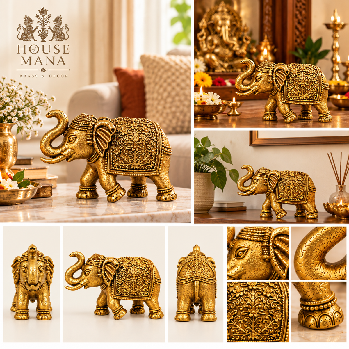 BRASS ELEPHANT SHOWPIECE - DECORATIVE MINIATURE ELEPHANT IDOL