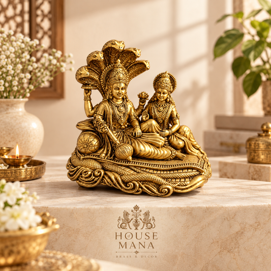 BRASS LORD VISHU AND GODDESS LAKSHMI IDOL - SHESHNAG DESIGN