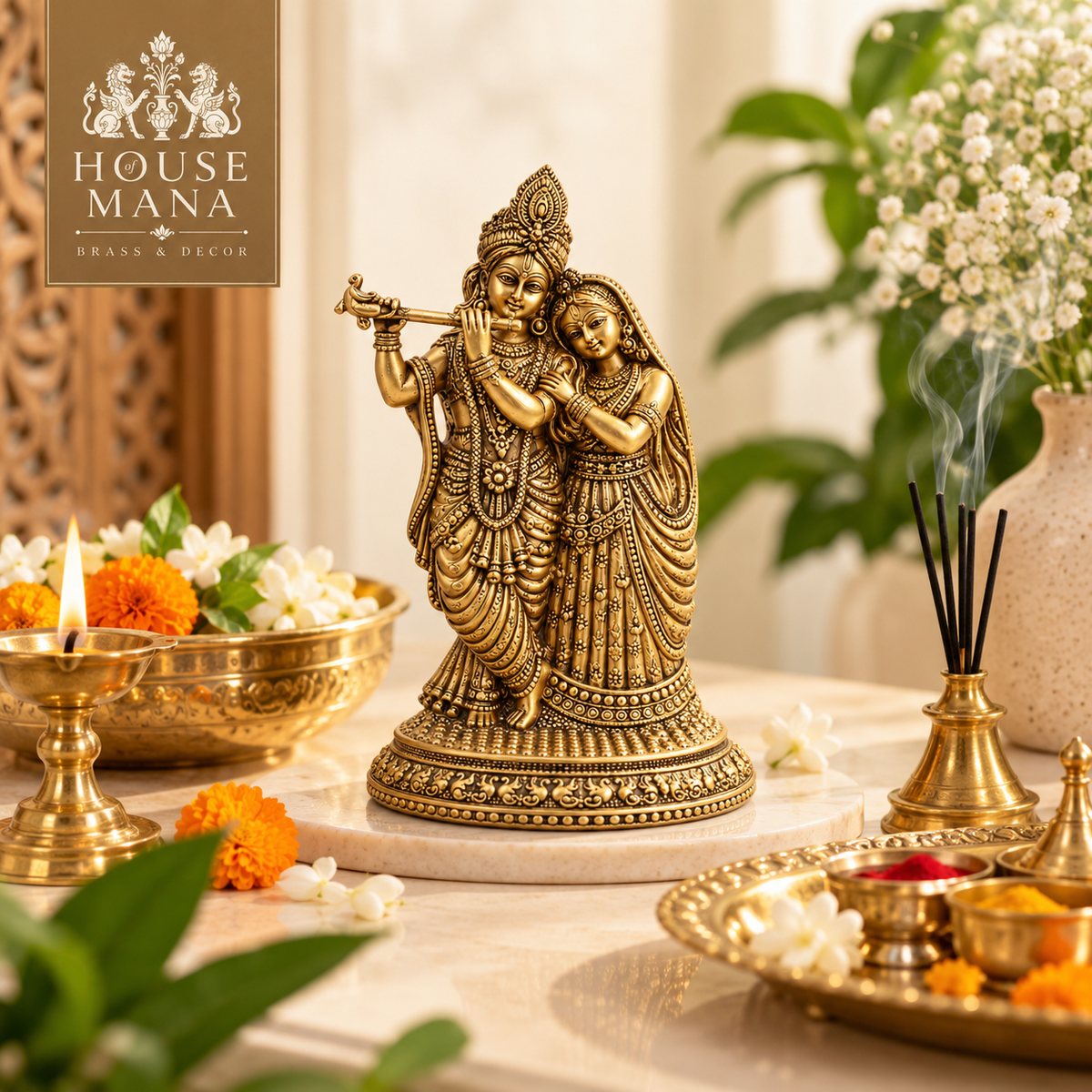 BRASS RADHA KRISHNA IDOL - TRADITIONAL HINDU GOD STATUE