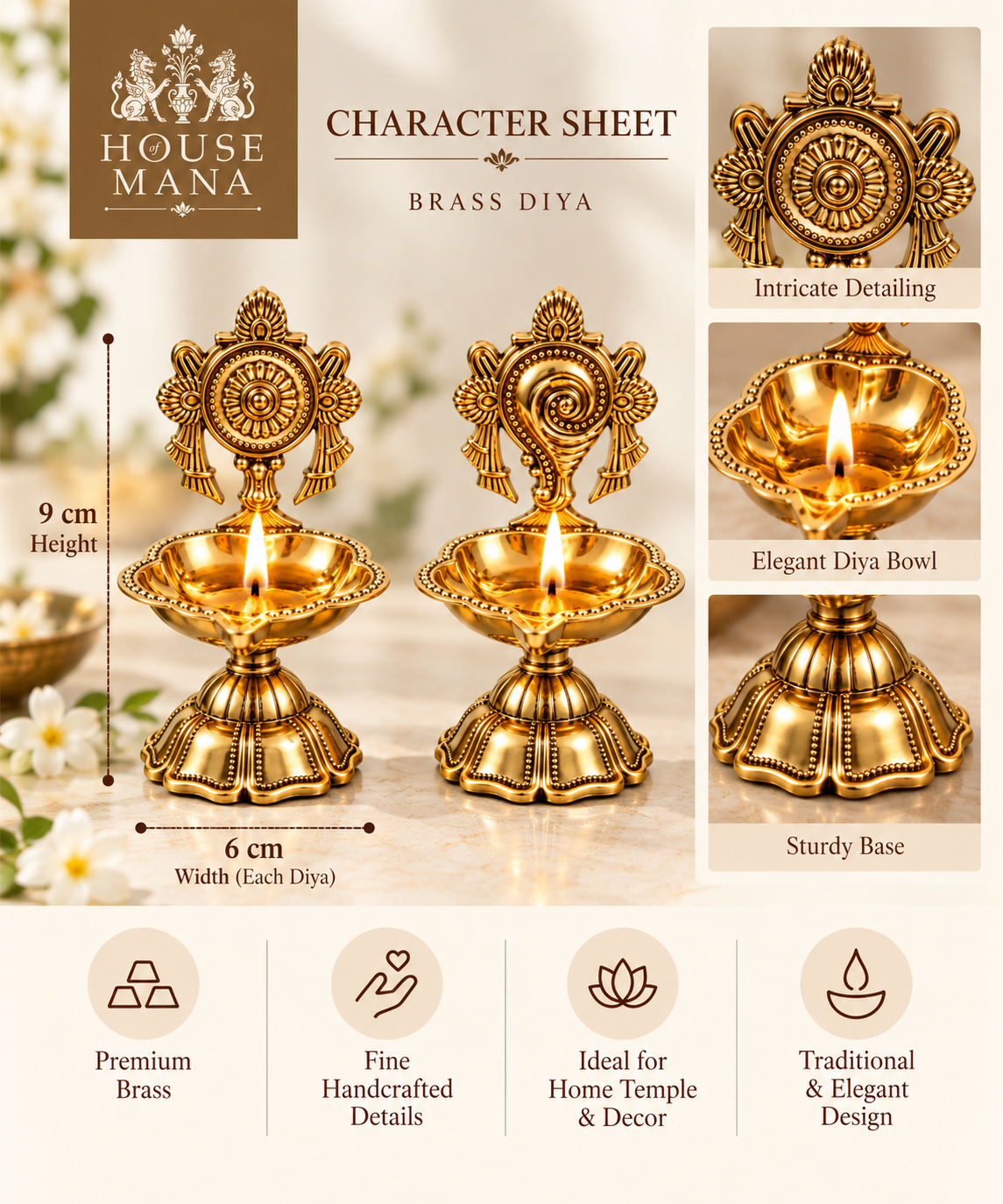 BRASS SHANKH-CHAKRA DIYA SET OF 2 - TRADITIONAL POOJA DECOR