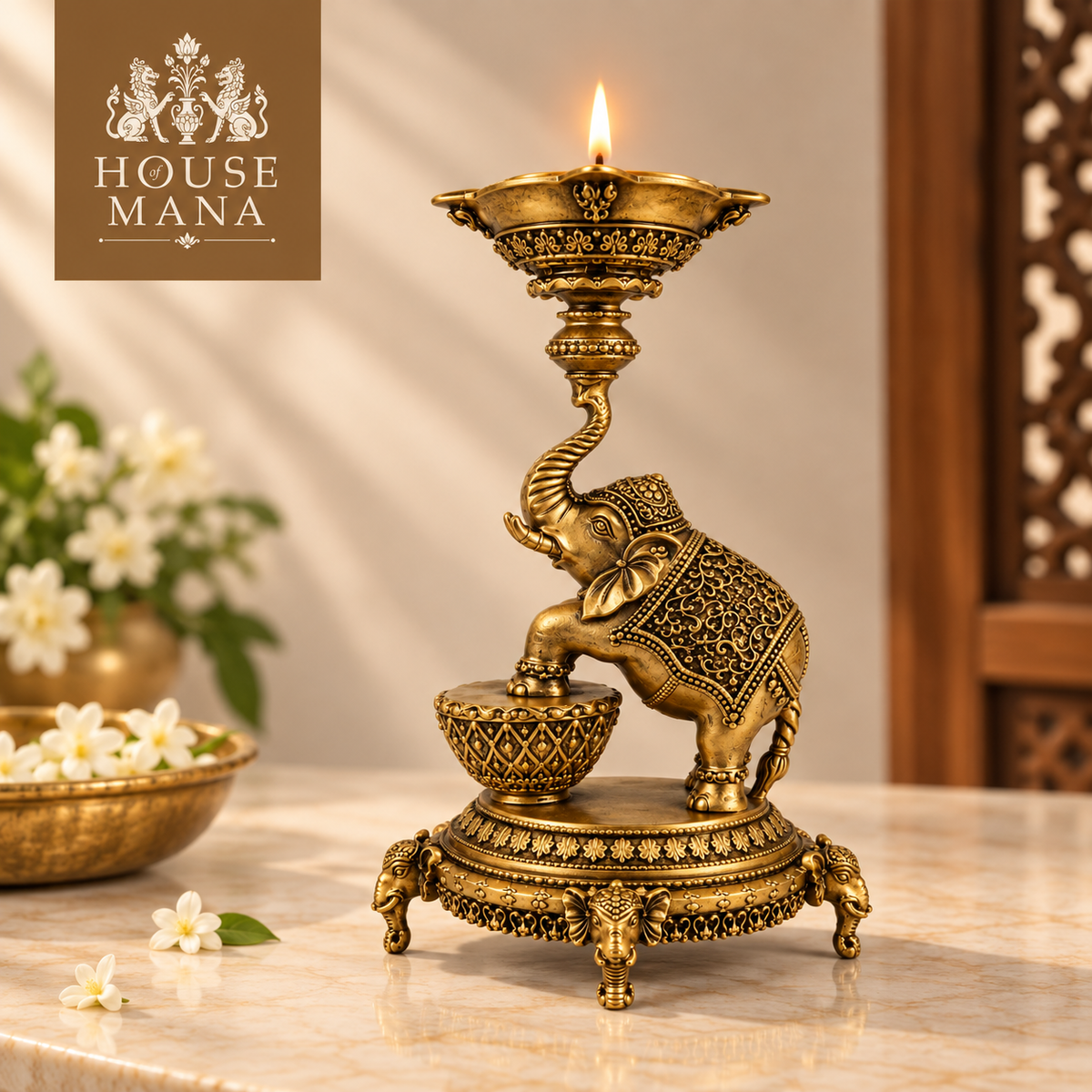 ANTIQUE BRASS ELEPHANT DIYA STAND - TRADITIONAL DECORATIVE OIL LAMP