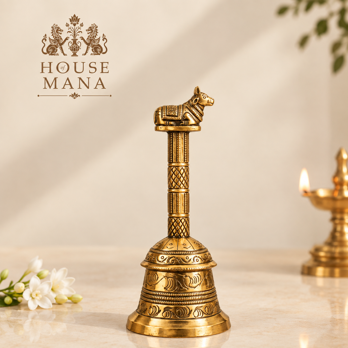 ANTIQUE BRASS NANDI BELL - TRADITIONAL DECORATIVE TEMPLE BELL