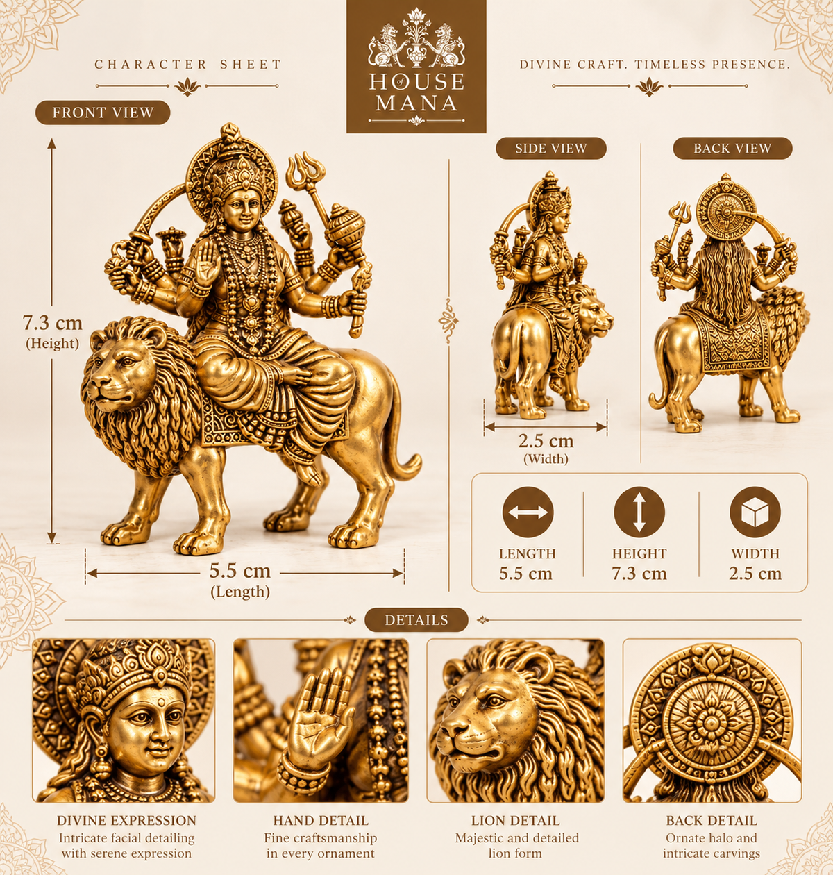 BRASS MAA SHERAWALI MATA IDOL - 2.8 INCH