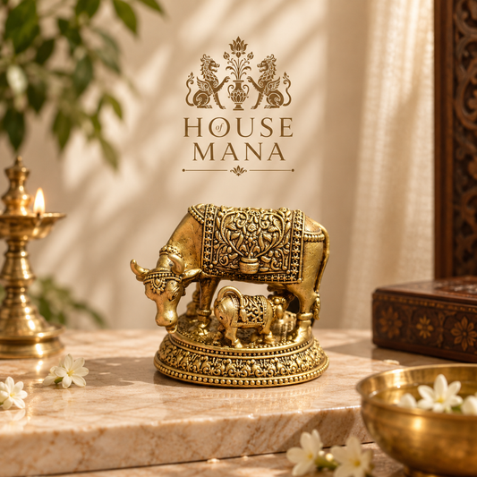 BRASS COW AND CALF IDOL - ANTIQUE GOLD FINISH | House of Mana
