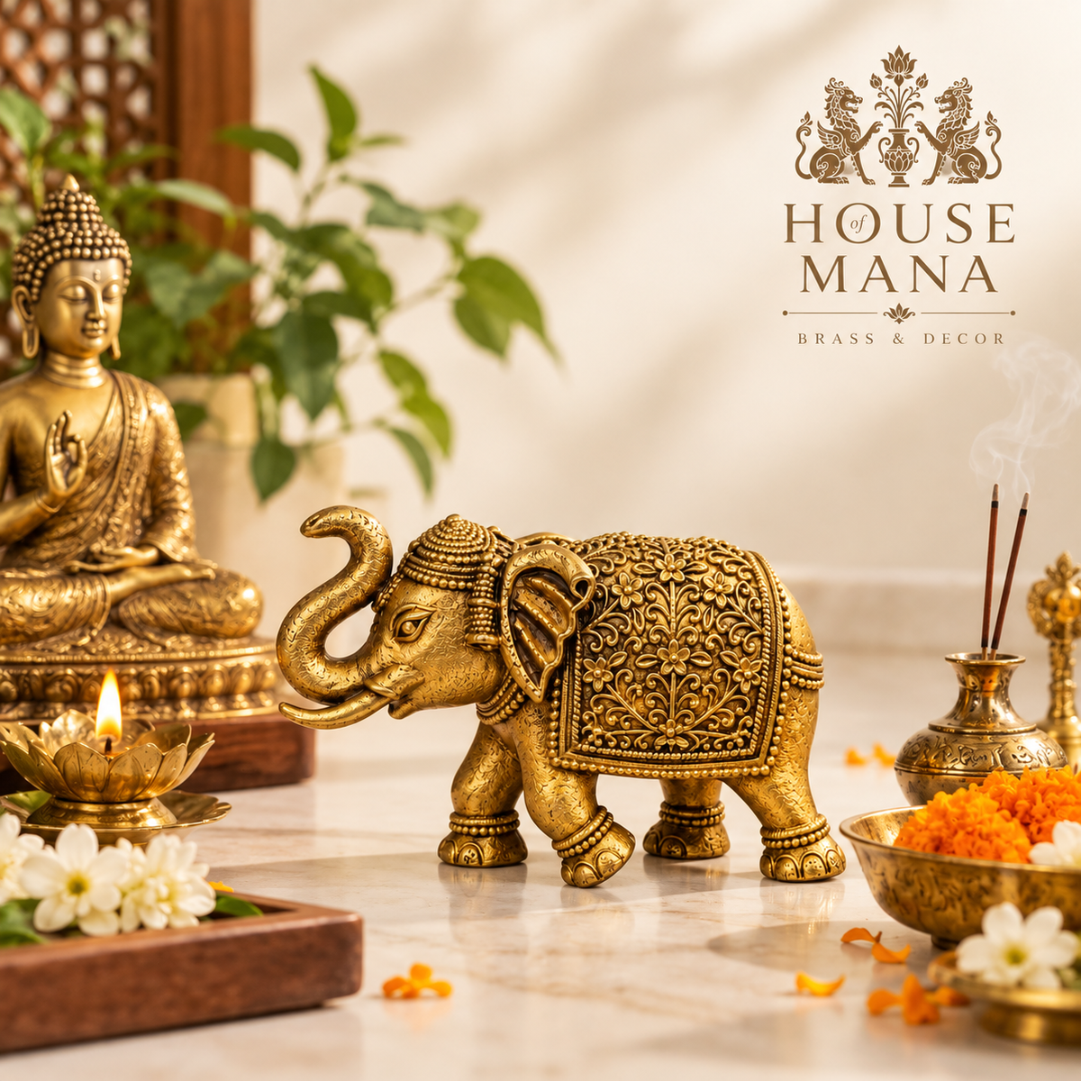 BRASS ELEPHANT SHOWPIECE - DECORATIVE MINIATURE ELEPHANT IDOL