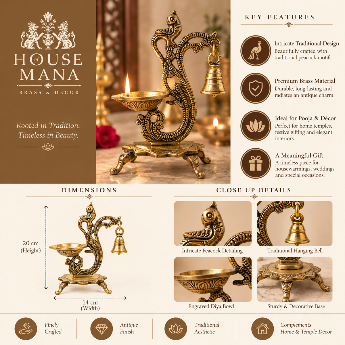 TRADITIONAL BRASS ANNAKPAKSHI/PEACOCK DIYA WITH HANGING BELL
