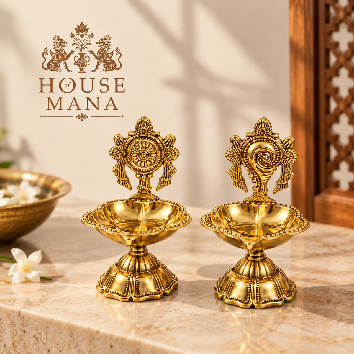 BRASS SHANKH-CHAKRA DIYA SET OF 2 - TRADITIONAL POOJA DECOR