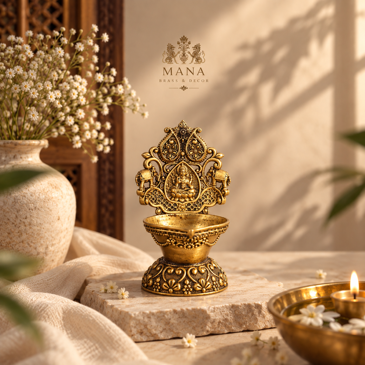BRASS DIYA WITH TRADITIONAL GODDESS DESIGN