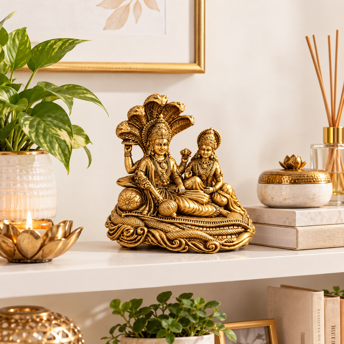 BRASS LORD VISHU AND GODDESS LAKSHMI IDOL - SHESHNAG DESIGN