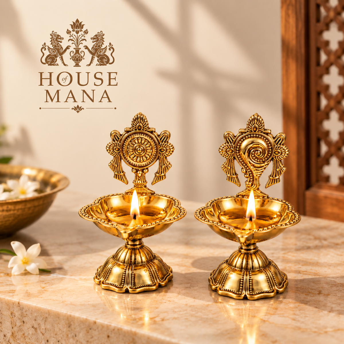 BRASS SHANKH-CHAKRA DIYA SET OF 2 - TRADITIONAL POOJA DECOR