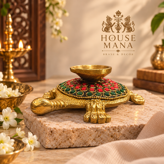 BRASS TURTLE DIYA WITH RED & GREEN STONE DETAILING