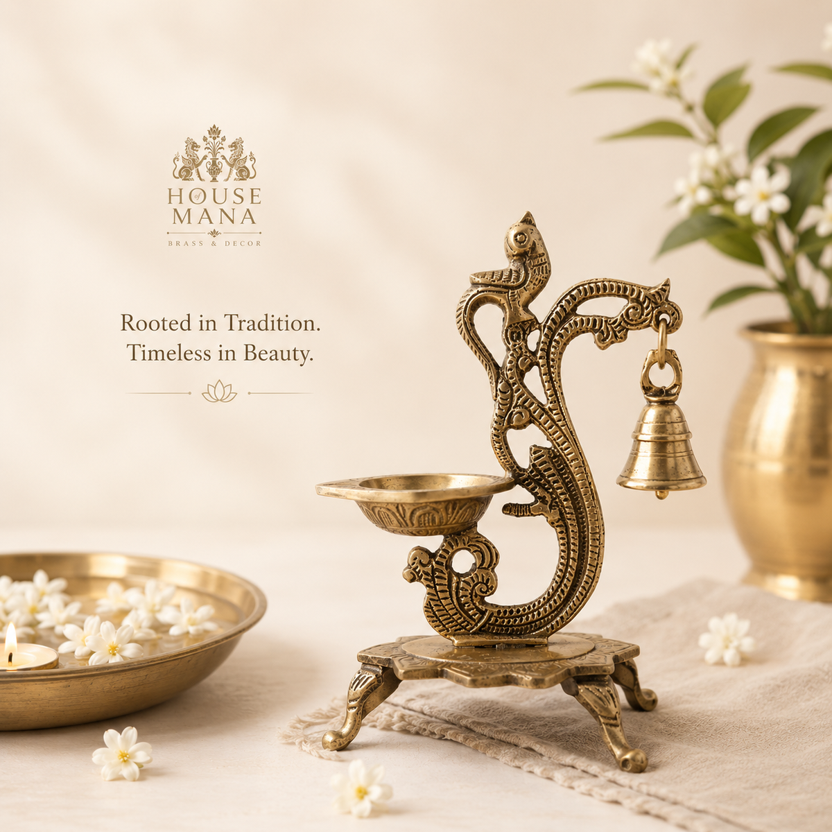 TRADITIONAL BRASS ANNAKPAKSHI/PEACOCK DIYA WITH HANGING BELL