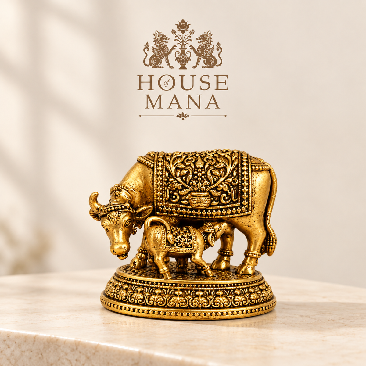 BRASS COW AND CALF IDOL - ANTIQUE GOLD FINISH | House of Mana