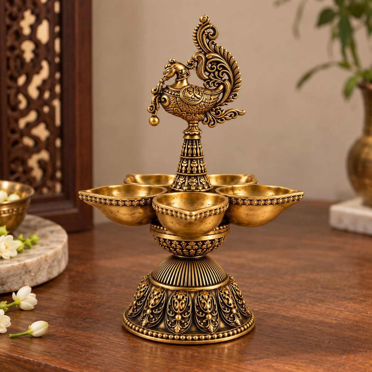 ANTIQUE BRASS ANNAPAKSHI/PEACOCK DIYA - TRADITIONAL FIVE-WICK OIL LAMP
