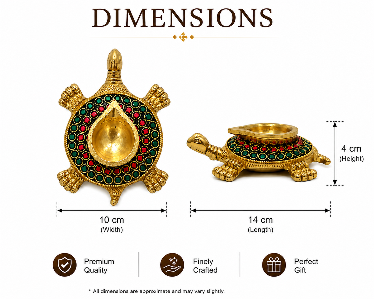 BRASS TURTLE DIYA WITH RED & GREEN STONE DETAILING