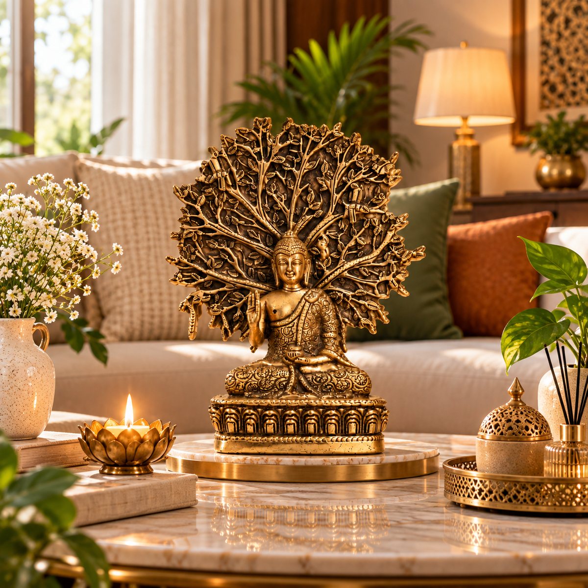 BRASS BUDDHA STATUE UNDER THE BODHI TREE