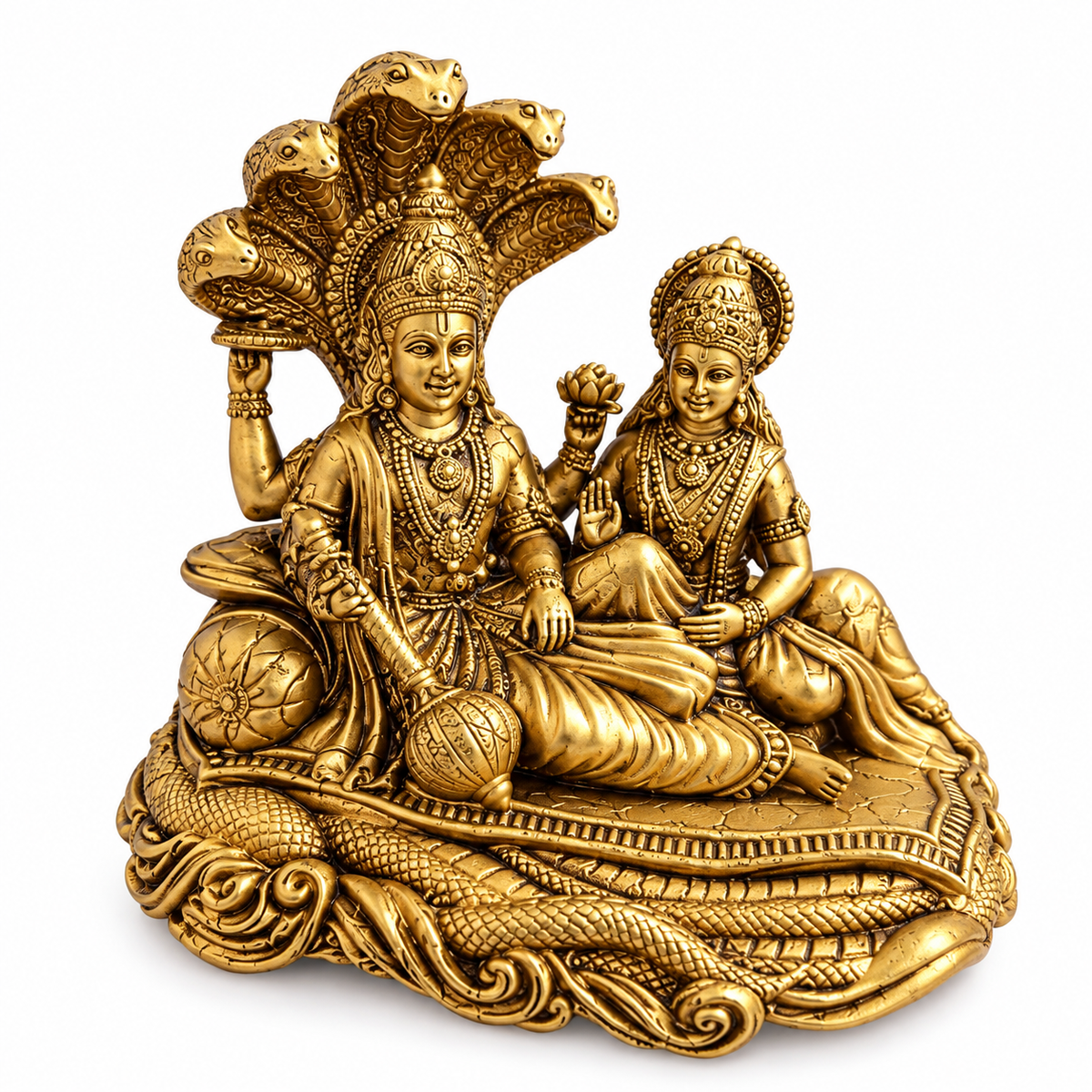 BRASS LORD VISHU AND GODDESS LAKSHMI IDOL - SHESHNAG DESIGN