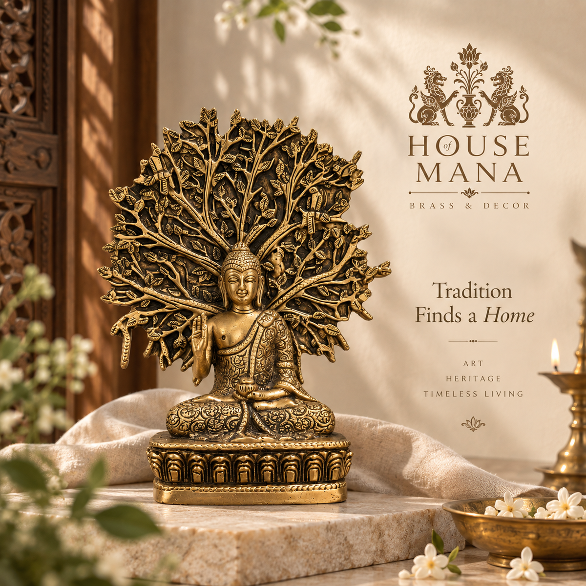 BRASS BUDDHA STATUE UNDER THE BODHI TREE