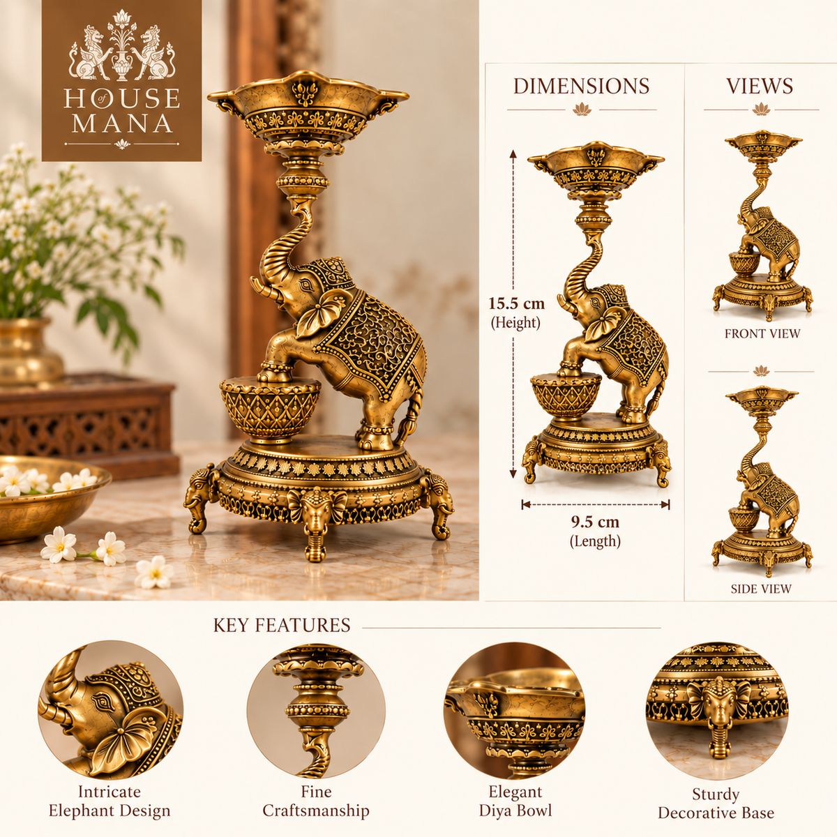 ANTIQUE BRASS ELEPHANT DIYA STAND - TRADITIONAL DECORATIVE OIL LAMP