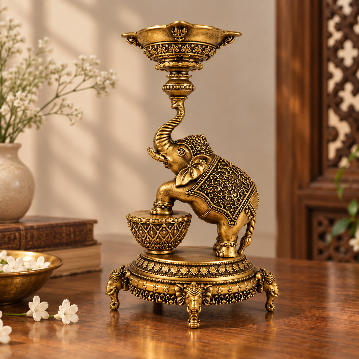 ANTIQUE BRASS ELEPHANT DIYA STAND - TRADITIONAL DECORATIVE OIL LAMP