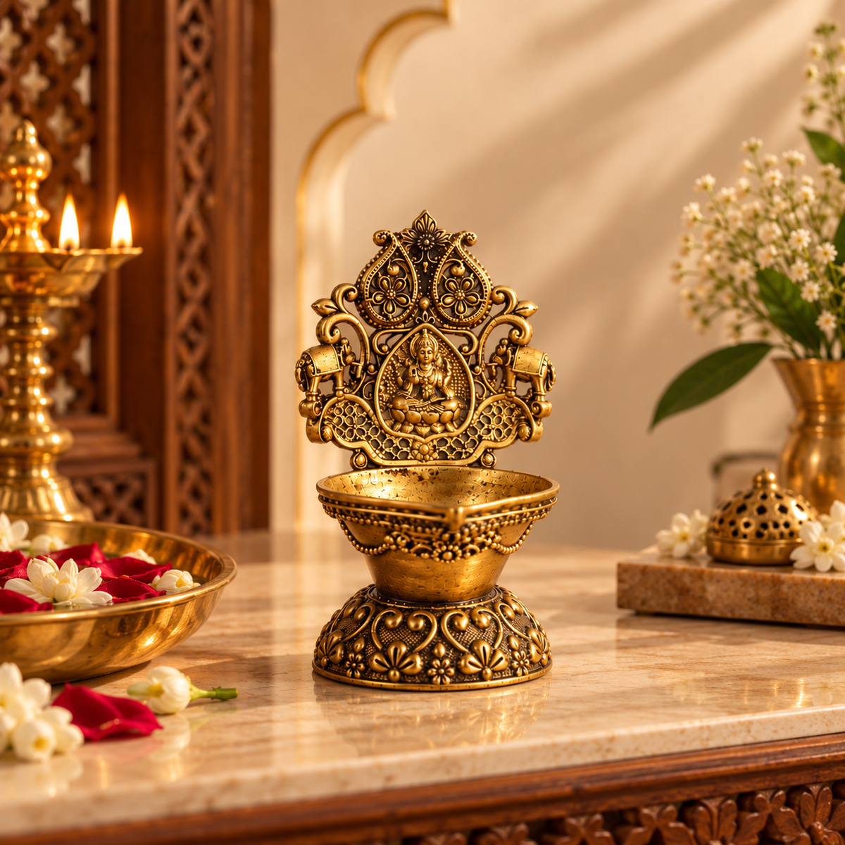 BRASS DIYA WITH TRADITIONAL GODDESS DESIGN