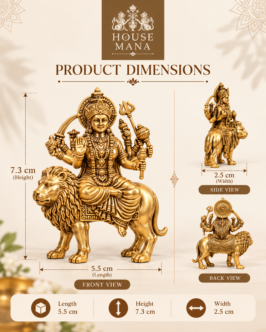 BRASS MAA SHERAWALI MATA IDOL - 2.8 INCH