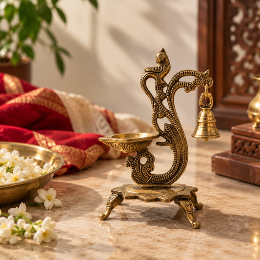 TRADITIONAL BRASS ANNAKPAKSHI/PEACOCK DIYA WITH HANGING BELL