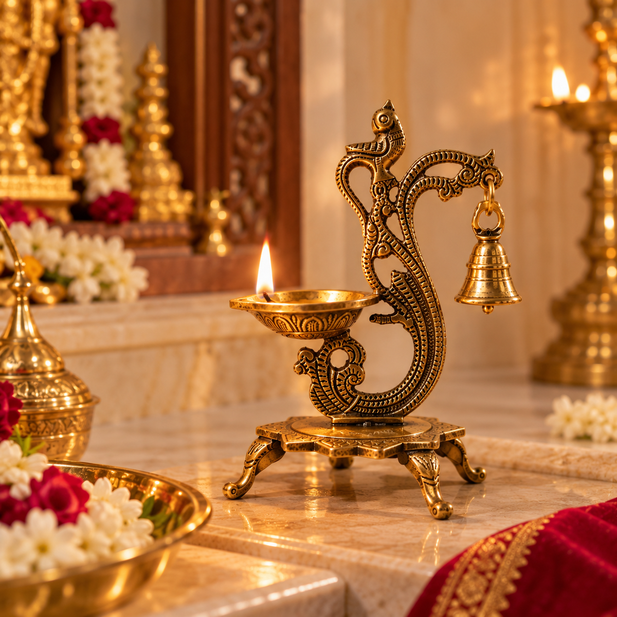 TRADITIONAL BRASS ANNAKPAKSHI/PEACOCK DIYA WITH HANGING BELL