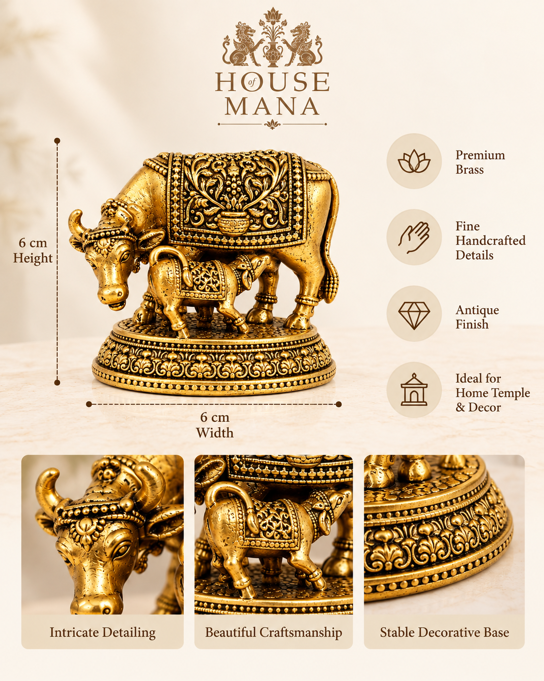 BRASS COW AND CALF IDOL - ANTIQUE GOLD FINISH | House of Mana