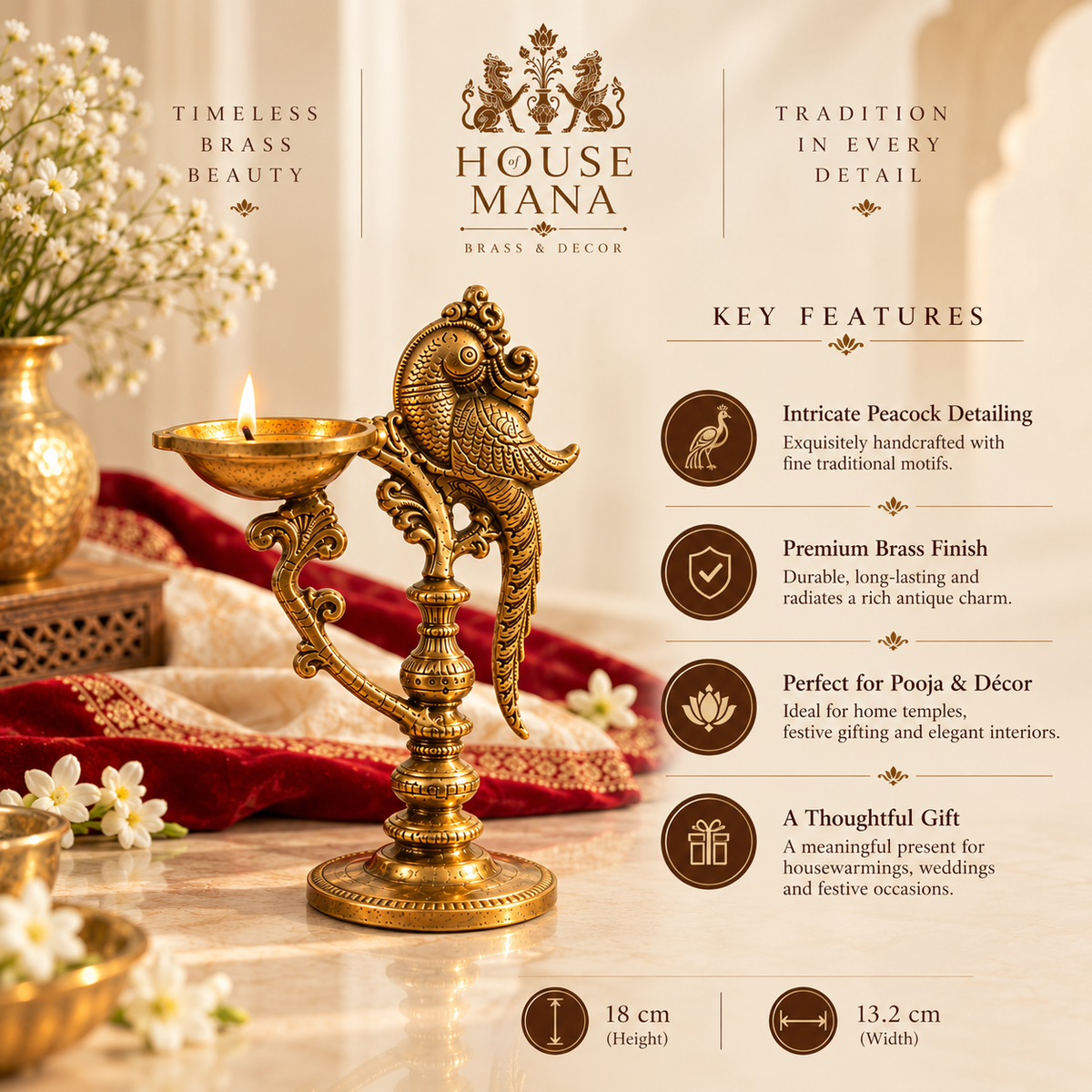 TRADITIONAL BRASS ANNAPAKSHI/PEACOCK DIYA - DECORATIVE OIL LAMP