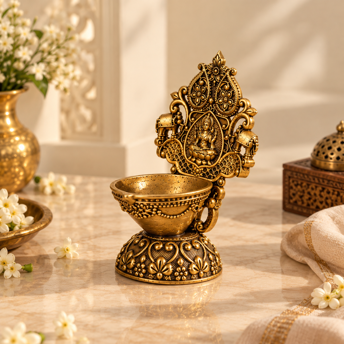 BRASS DIYA WITH TRADITIONAL GODDESS DESIGN