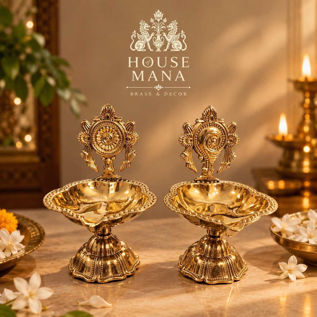 BRASS SHANKH-CHAKRA DIYA SET OF 2 - TRADITIONAL POOJA DECOR