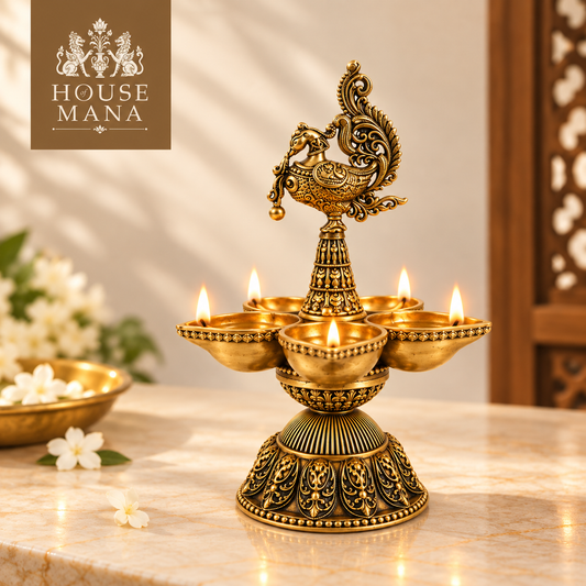 ANTIQUE BRASS ANNAPAKSHI/PEACOCK DIYA - TRADITIONAL FIVE-WICK OIL LAMP