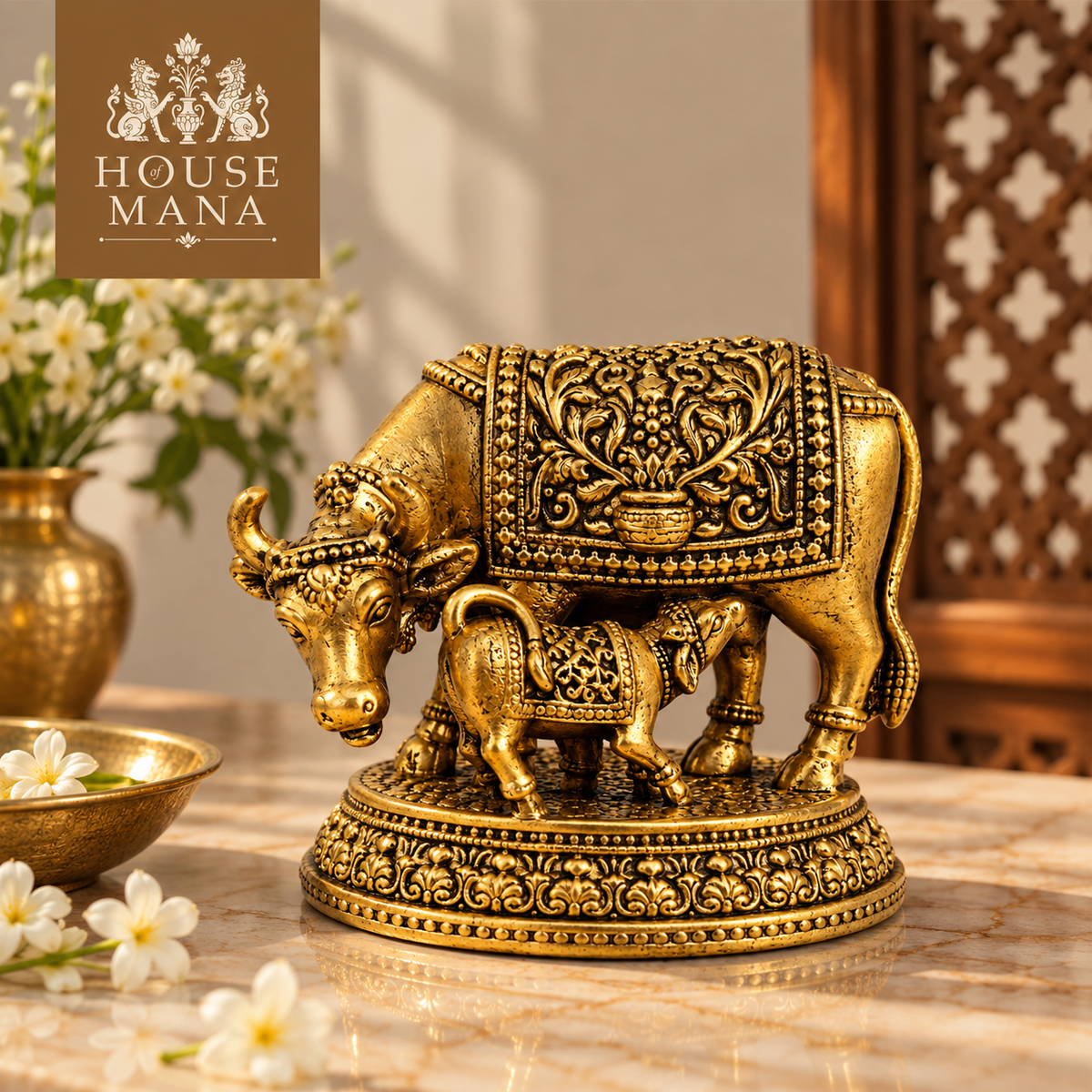 BRASS COW AND CALF IDOL - ANTIQUE GOLD FINISH | House of Mana