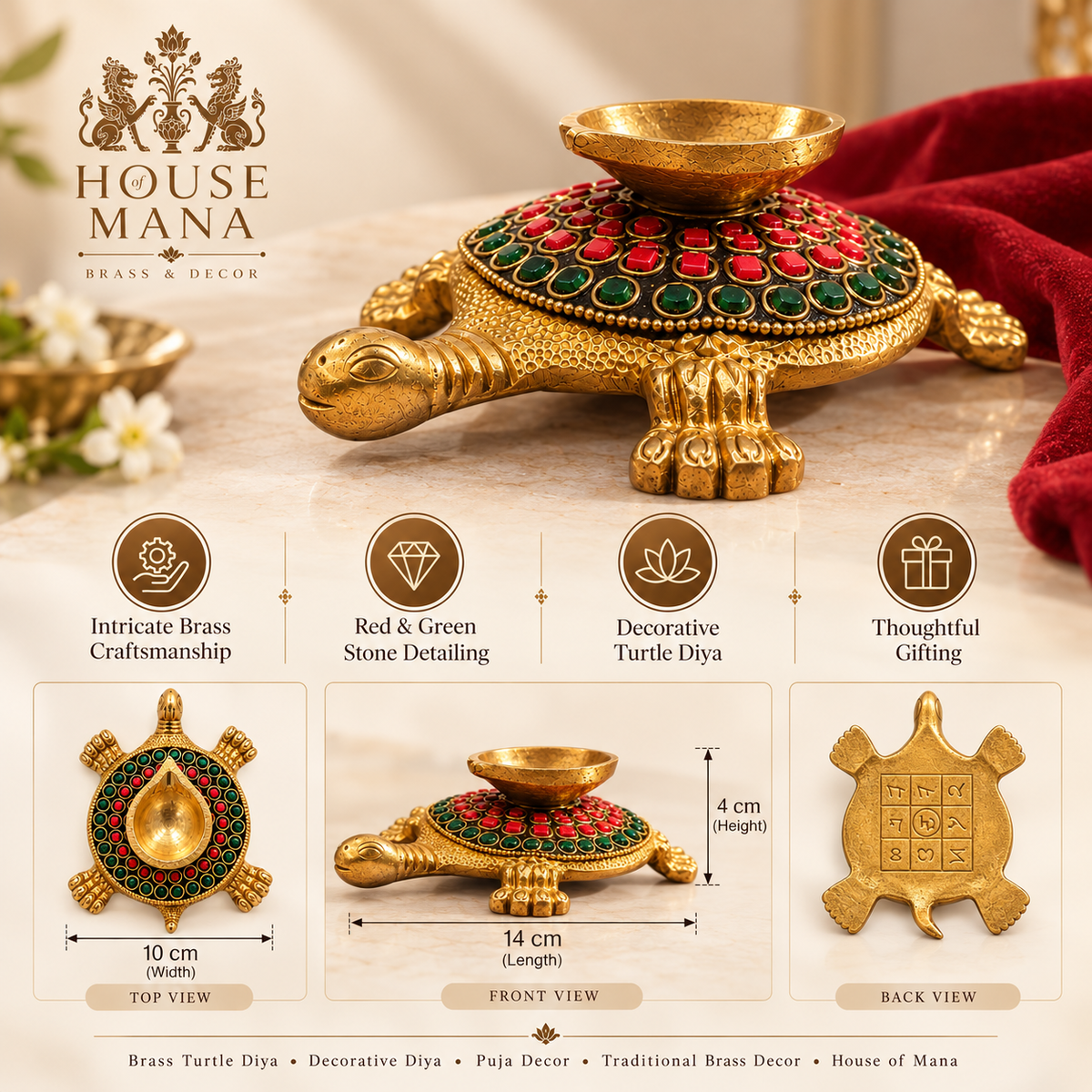 BRASS TURTLE DIYA WITH RED & GREEN STONE DETAILING