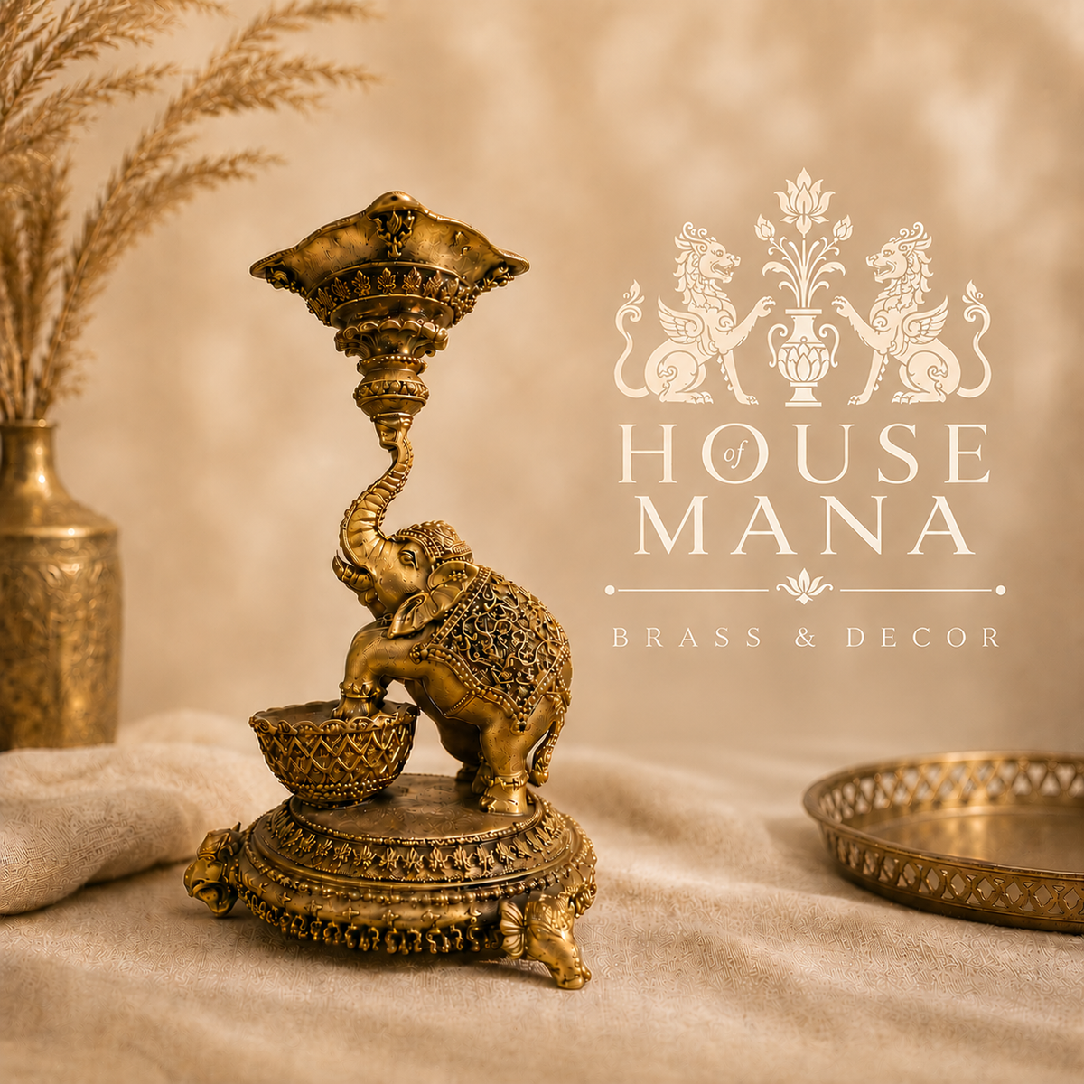 ANTIQUE BRASS ELEPHANT DIYA STAND - TRADITIONAL DECORATIVE OIL LAMP