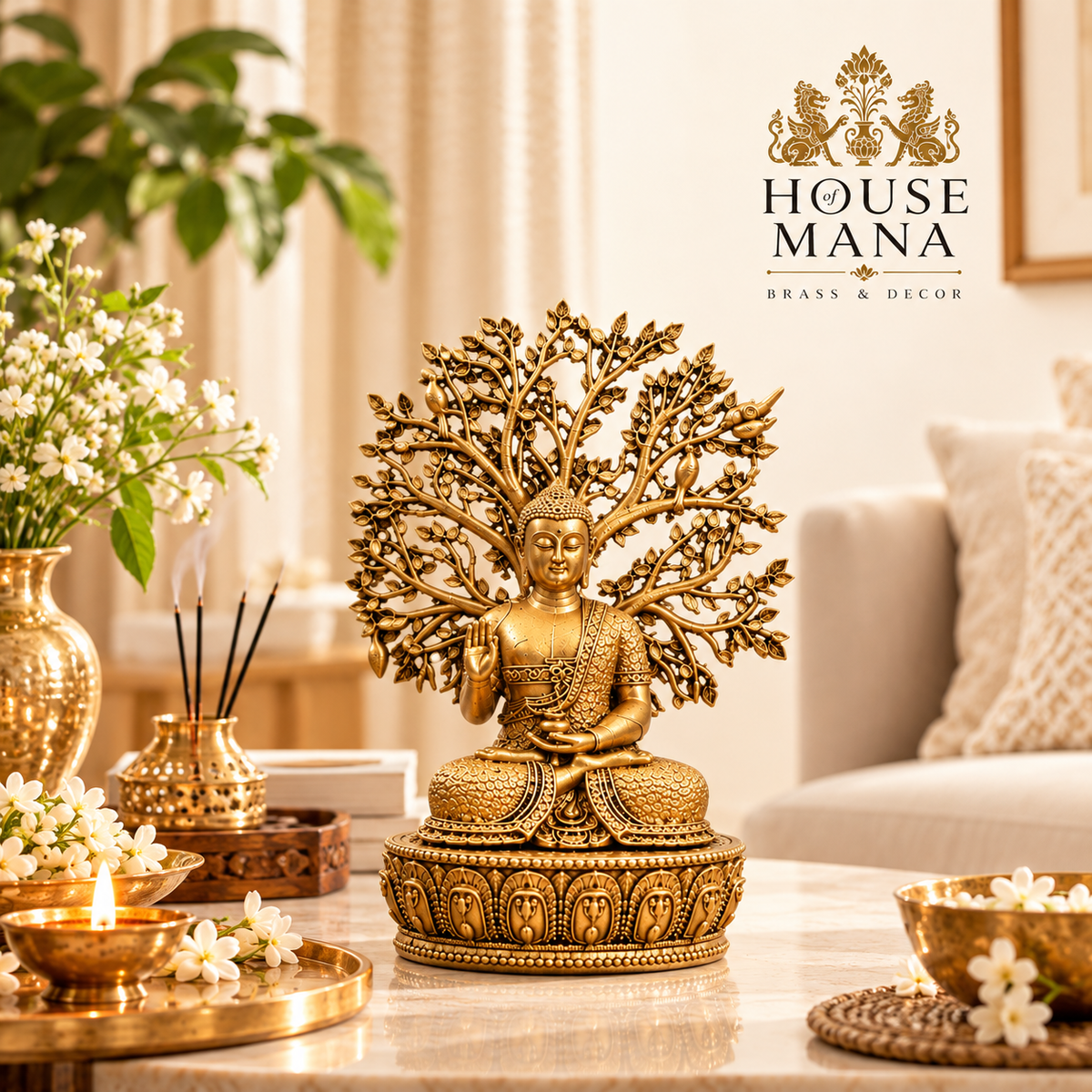 BRASS BUDDHA STATUE UNDER THE BODHI TREE