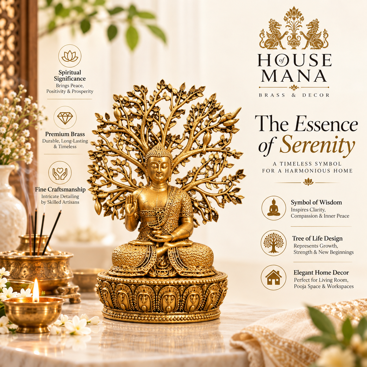 BRASS BUDDHA STATUE UNDER THE BODHI TREE